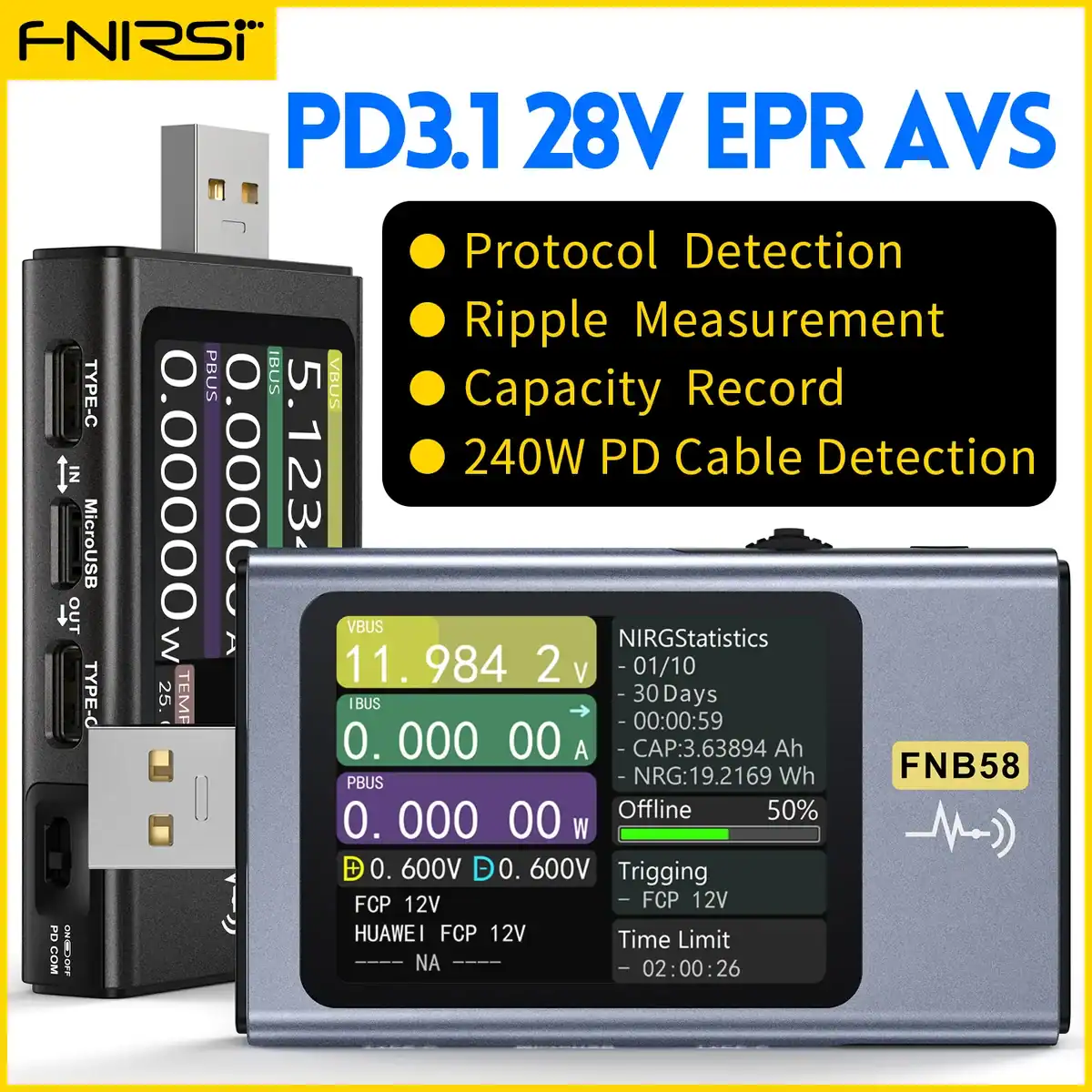 FNIRSI-FNB58 USB Tester TYPE-C Fast Charge Capacity Ripple Measurement - FNIRSI Oscilloscopes Store in UK FNIRSI-FNB58 USB Tester TYPE-C Fast Charge Capacity Ripple Measurement 1