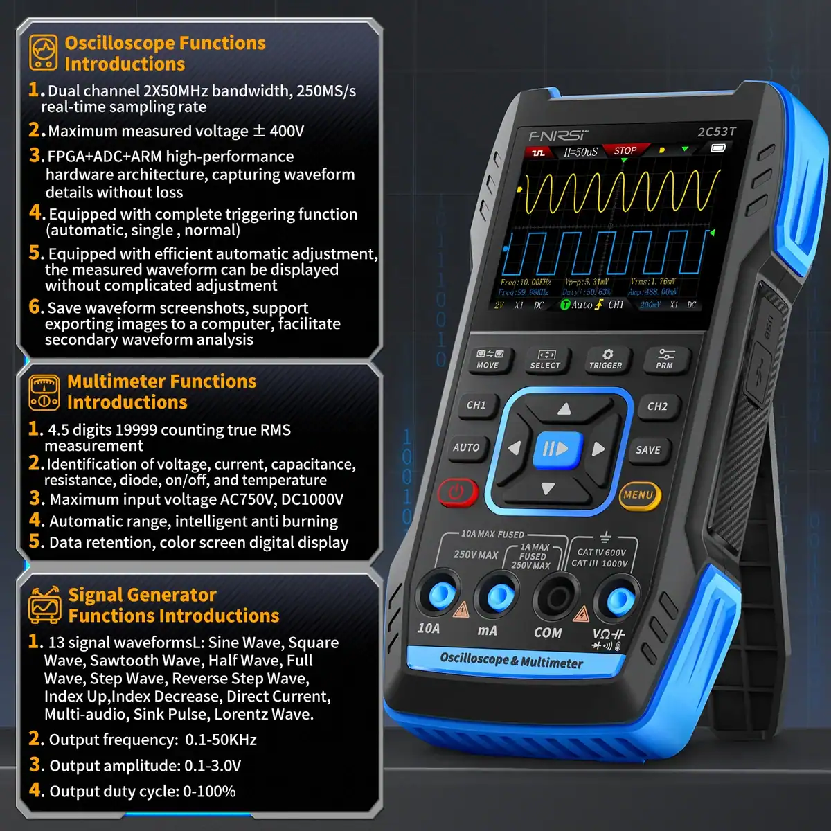 FNIRSI 2C53T 3 in 1 Oscilloscope 2 Channel Multimeter Signal Generator - FNIRSI Oscilloscopes Store in UK FNIRSI 3 in 1 Oscilloscope 2 Channel Multimeter Signal Generator 2
