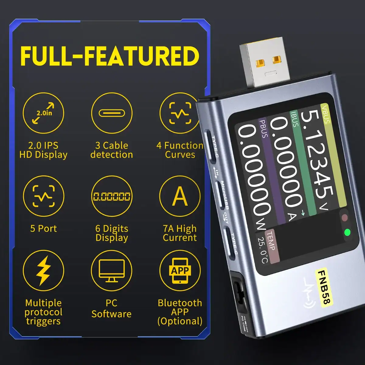 FNIRSI-FNB58 USB Tester TYPE-C Fast Charge Capacity Ripple Measurement - FNIRSI Oscilloscopes Store in UK FNIRSI-FNB58 USB Tester TYPE-C Fast Charge Capacity Ripple Measurement 2