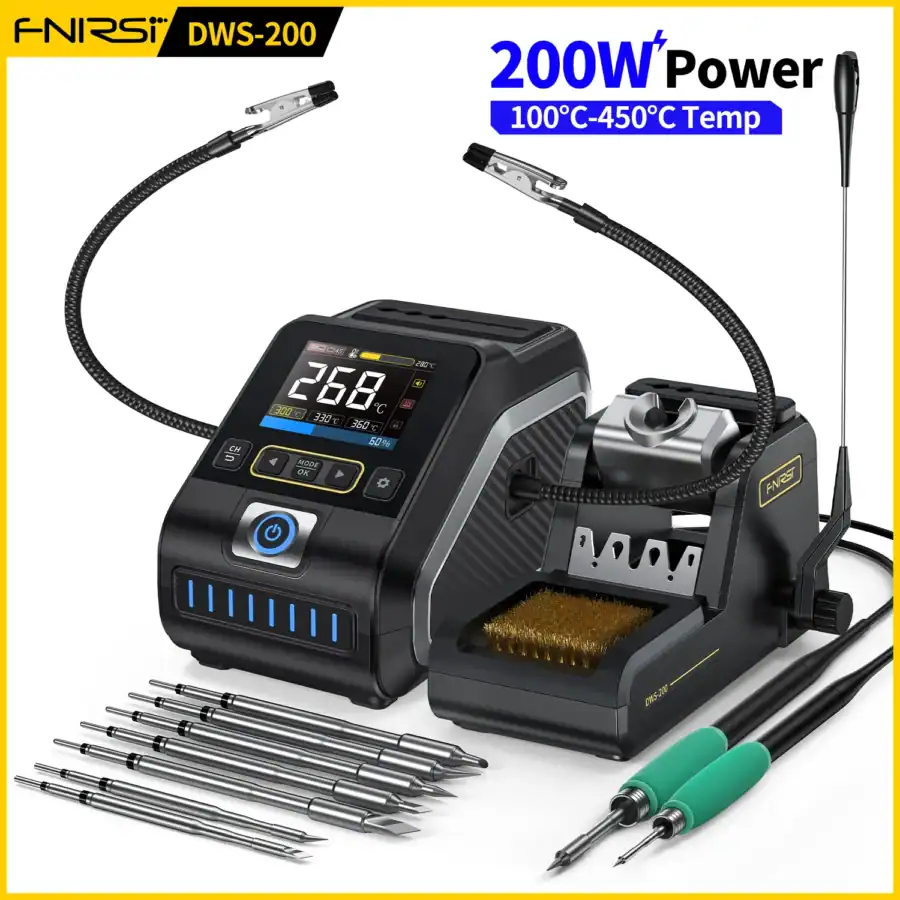 FNIRSI DWS-200 Precision Digital Soldering Station Kit 200W , with 3 F210 & 6 F245 Soldering Iron Tips and 2 Helping Hands 1