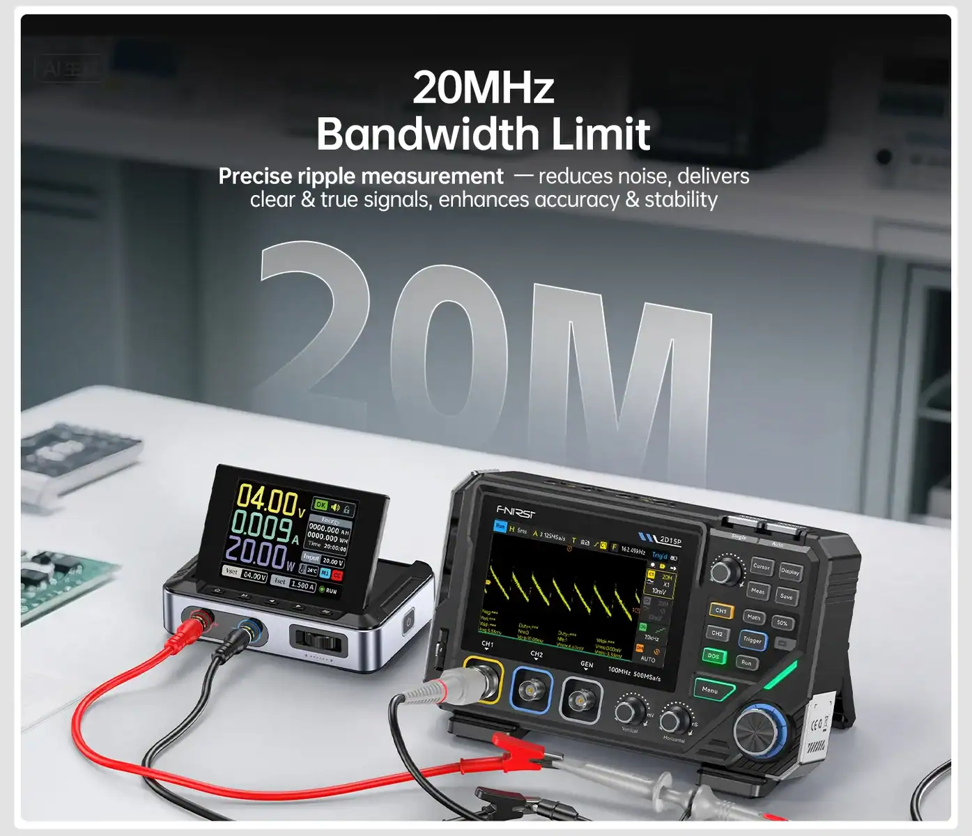 FNIRSI 2D15P Benchtop 3 in 1 Oscilloscope Multimeter Signal Generator - FNIRSI Oscilloscopes Store in UK FNIRSI 2D15P Digital Oscilloscope Multimeter Signal Generator 3IN1 Touch Screen 2Channel 100MHz Bandwidth 500MSa/s 20000 Counts 17