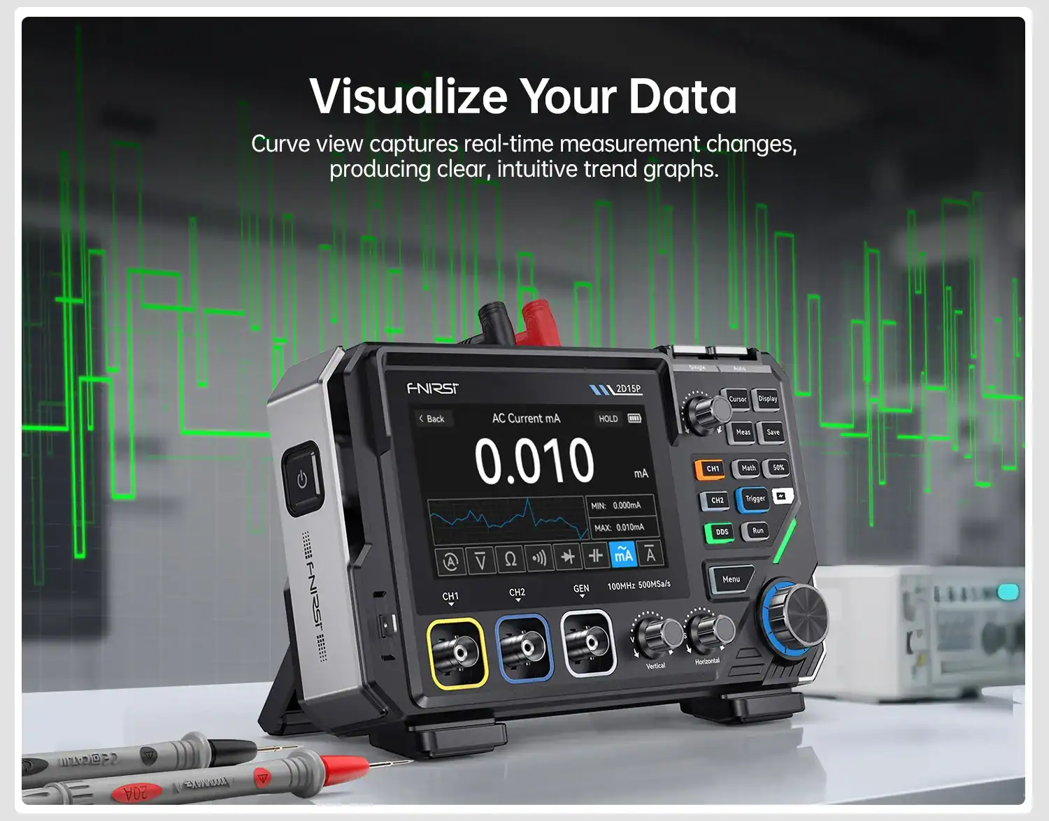 FNIRSI 2D15P Benchtop 3 in 1 Oscilloscope Multimeter Signal Generator - FNIRSI Oscilloscopes Store in UK FNIRSI 2D15P Digital Oscilloscope Multimeter Signal Generator 3IN1 Touch Screen 2Channel 100MHz Bandwidth 500MSa/s 20000 Counts 24