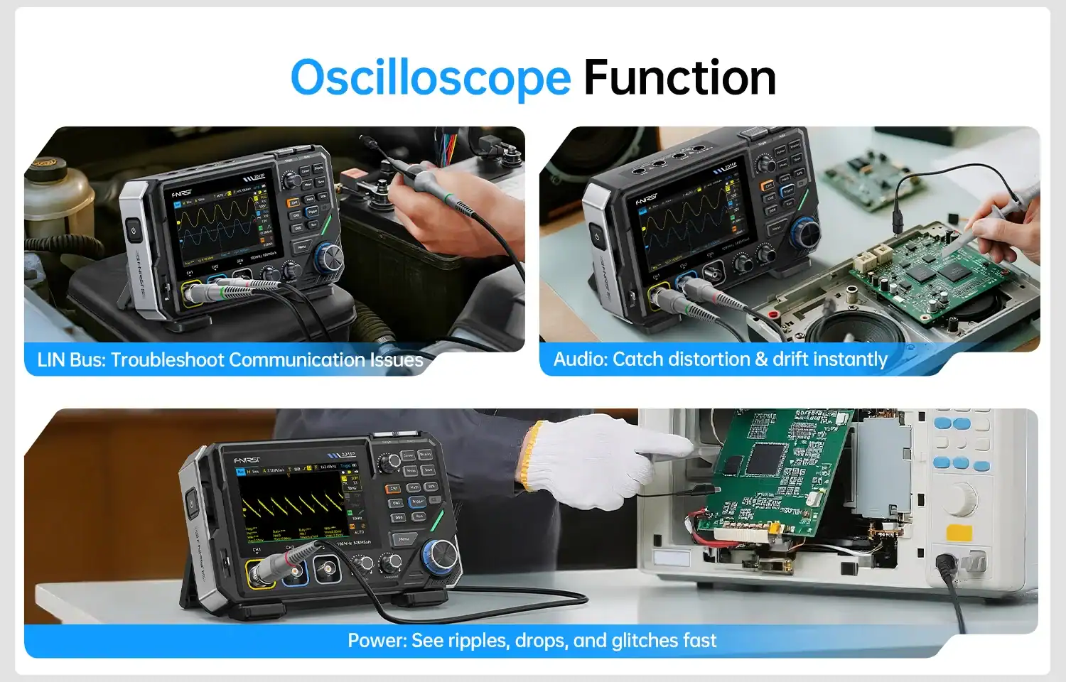 FNIRSI 2D15P Benchtop 3 in 1 Oscilloscope Multimeter Signal Generator - FNIRSI Oscilloscopes Store in UK FNIRSI 2D15P Digital Oscilloscope Multimeter Signal Generator 3IN1 Touch Screen 2Channel 100MHz Bandwidth 500MSa/s 20000 Counts 30