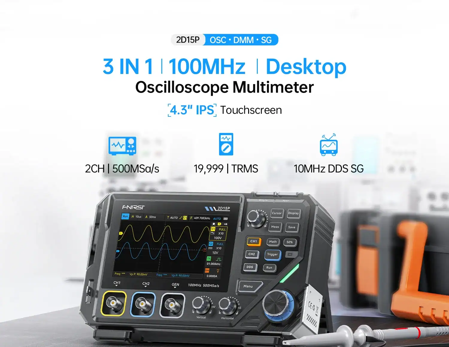 FNIRSI 2D15P Benchtop 3 in 1 Oscilloscope Multimeter Signal Generator - FNIRSI Oscilloscopes Store in UK FNIRSI 2D15P Digital Oscilloscope Multimeter Signal Generator 3IN1 Touch Screen 2Channel 100MHz Bandwidth 500MSa/s 20000 Counts 12