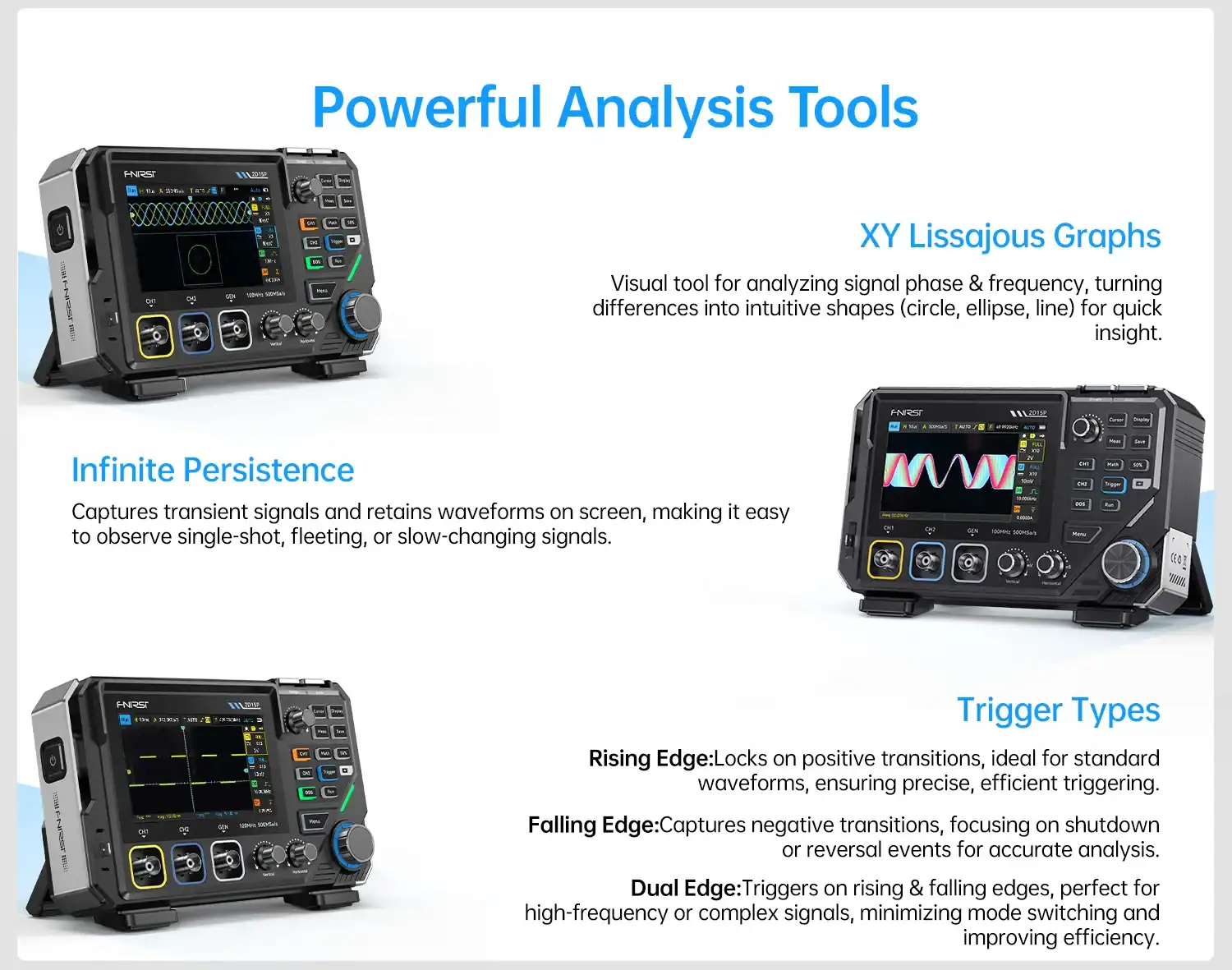 FNIRSI 2D15P Benchtop 3 in 1 Oscilloscope Multimeter Signal Generator - FNIRSI Oscilloscopes Store in UK FNIRSI 2D15P Digital Oscilloscope Multimeter Signal Generator 3IN1 Touch Screen 2Channel 100MHz Bandwidth 500MSa/s 20000 Counts 22