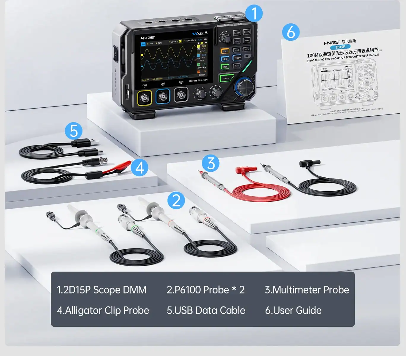 FNIRSI 2D15P Benchtop 3 in 1 Oscilloscope Multimeter Signal Generator - FNIRSI Oscilloscopes Store in UK FNIRSI 2D15P Digital Oscilloscope Multimeter Signal Generator 3IN1 Touch Screen 2Channel 100MHz Bandwidth 500MSa/s 20000 Counts 34